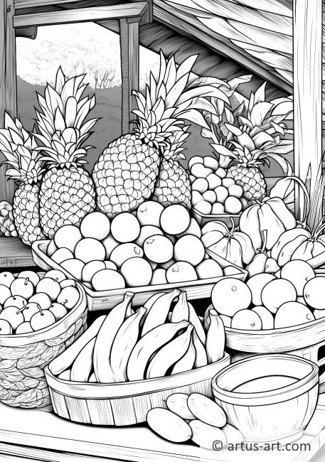 Page de coloriage des fruits exotiques sur un marché tropical